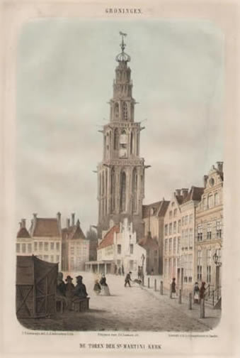 Een lithografie van de Martinitoren.